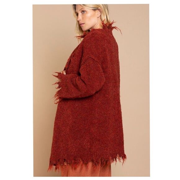 WOOL Blend Long cardigan with distressed Hemline in Terracotta - Picture 9 of 14